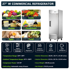 Chery Industrial 27"W Single Solid Door Reach-In Refrigerator 19 cu. ft. Commercial Refrigerator (N818P191846S)