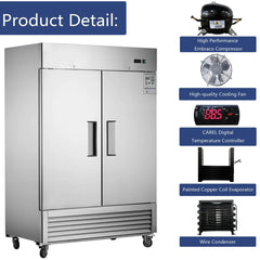 Chery Industrial 54"W Commercial Refrigerator 42 cu. ft. 2 Solid Door Reach-In Refrigerator (N818P191849S)